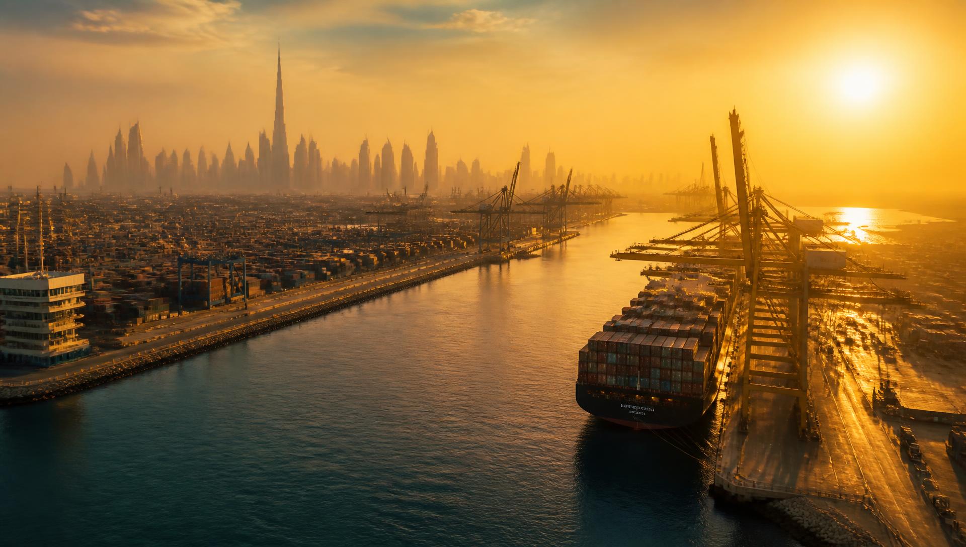 Container terminal at a Middle East port at sunset